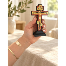 Load image into Gallery viewer, Small Standing Three Bar Orthodox Cross - Wooden Byzantine Crucifix Prayer on The Back Save Us in Slavonic - Jesus Christ Crucifixion with Gold Foil 5"x2 3/4"