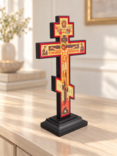 Load image into Gallery viewer, Standing Three Bar Orthodox Cross - Wooden Byzantine Crucifix Prayer "Save Us" on The Back - Jesus Christ Crucifixion with Gold Foil 9"x5 1/4"