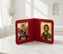 Load image into Gallery viewer, Traveling Icon Diptych - Book- Saint Archangel Michael & Christ The Teacher