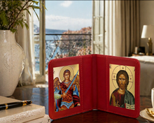 Load image into Gallery viewer, Traveling Icon Diptych - Book- Saint Archangel Michael & Christ The Teacher