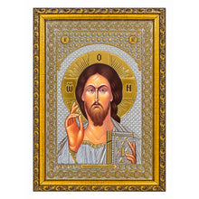 Load image into Gallery viewer, Set of 2 - Matching Icon Pair Virgin of Kazan & Christ The Teacher - Gold & Silver Foiled Icon Covered With Glass - Gold Embossed Icon Gold and Silver Foiled - Wall Hanging - High Quality - 13"x9 1/4"