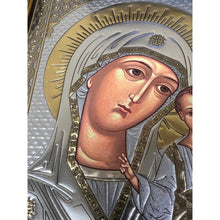 Load image into Gallery viewer, Set of 2 - Matching Icon Pair Virgin of Kazan & Christ The Teacher - Gold & Silver Foiled Icon Covered With Glass - Gold Embossed Icon Gold and Silver Foiled - Wall Hanging - High Quality - 13"x9 1/4"