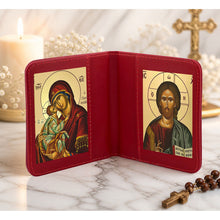Load image into Gallery viewer, Sweet Kissing & Christ the Teacher Greek Icon Diptych Byzantine Gold Foil Icons - Traveling Faith with Prayer in Leatherette Wallet Case