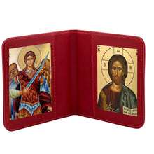 Load image into Gallery viewer, Saint Michael & Christ the Teacher Greek Icon Diptych Byzantine Gold Foil Icons - Traveling Faith with Prayer in Leatherette Wallet Case