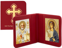 Load image into Gallery viewer, Traveling Icon Diptych - Book Saint Nicholas & Guardian Angel - Traveling Faith - Leatherette Case 3 7/8" Gold Foiled Icons