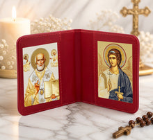Load image into Gallery viewer, Traveling Icon Diptych - Book Saint Nicholas & Guardian Angel - Traveling Faith - Leatherette Case 3 7/8" Gold Foiled Icons