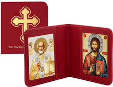 Load image into Gallery viewer, Traveling Icon Diptych - Book Saint Nicholas & Christ The Teacher - Traveling Faith - Leatherette Case 3 7/8" Gold Foiled Icons