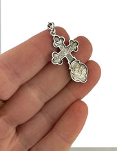 Load image into Gallery viewer, Crucifix Crucifixion Sterling Silver Cross Pendant 925 on The back "Save Us" in Slavonic and Icon of Virgin Mary - Virgin of Kazan Christ - 1 3/4" Including bail