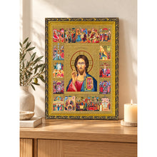 Load image into Gallery viewer, Set of 2 - Matching Icon Pair Feast Days - Virgin of Kazan & Christ The Teacher - Gold & Silver Foiled Icon Covered With Glass - Gold Embossed Icon Gold and Silver Foiled - Wall Hanging - High Quality - 13"x9 1/4"