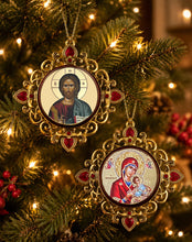 Load image into Gallery viewer, Christ The Teacher & Perpetual Help - Set of 2 - Greek Gold Foiled Byzantine Christmas Icon Ornament and Room Decoration - Framed In Jeweled Frame, Decorated With Faux Crystals, 4 Inch
