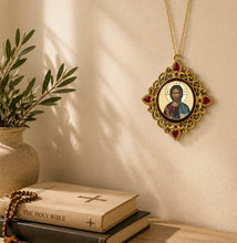 Load image into Gallery viewer, Christ The Teacher & Perpetual Help - Set of 2 - Greek Gold Foiled Byzantine Christmas Icon Ornament and Room Decoration - Framed In Jeweled Frame, Decorated With Faux Crystals, 4 Inch