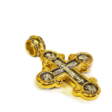 Load image into Gallery viewer, Sterling Silver 925 24kt Gold Plated Traditional Byzantine Style Lobed Cross With Crucifixion Archangels Michael and Gabriel Virgin Mary St John Beloved and More 1 3/8"x 7/8"