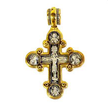 Load image into Gallery viewer, Sterling Silver 925 24kt Gold Plated Traditional Byzantine Style Lobed Cross With Crucifixion Archangels Michael and Gabriel Virgin Mary St John Beloved and More 1 3/8"x 7/8"