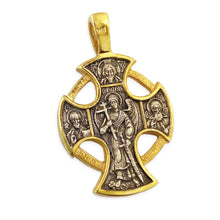 Load image into Gallery viewer, St Michael Gabriel Saints Icon Cross Pendant 925 Sterling Silver 24kt Gold Plate Cross 1 3/8 Inch, Reversible