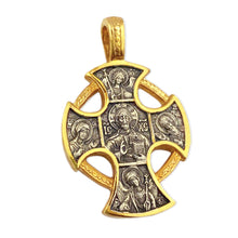 Load image into Gallery viewer, St Michael Gabriel Saints Icon Cross Pendant 925 Sterling Silver 24kt Gold Plate Cross 1 3/8 Inch, Reversible