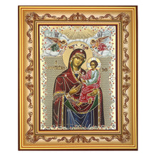 Load image into Gallery viewer, Virgin and Child, Hodegetria, Gorgoypekoos with Angels ‘the Quick Hearer of Mt. Athos - Gold Gilded Byzantine Greek Icon - in Wooden Frame Decorated With Crosses Comes With Stand For Standing and Hook For Hanging on Wall 7 1/4"x5 3/4"