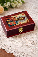 Load image into Gallery viewer, Christ The Teacher Wooden Icon Box Keepsake For Prayer Beads Rosary Jewelry - Anything Sacred 7 1/2 Inch - Table or Wall Hanging
