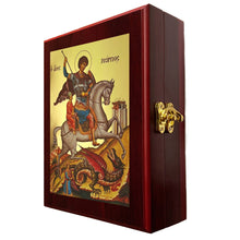 Load image into Gallery viewer, Saint George Icon - Gold Gilded in WALL Hanging Or TABLE Box - Prayer Ropes, Beads, Jewelry Prayer Cards Anything Sacred - Catholic Orthodox Icon 7 1/2 Inch Wall