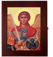 Load image into Gallery viewer, Saint Michael Framed in WALL Hanging Or TABLE Box - Prayer Ropes, Beads, Jewelry Prayer Cards Anything Sacred 7 1/2 Inch