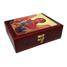 Load image into Gallery viewer, Saint Michael Framed in WALL Hanging Or TABLE Box - Prayer Ropes, Beads, Jewelry Prayer Cards Anything Sacred 7 1/2 Inch