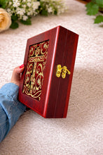 Load image into Gallery viewer, Three Bar Cross Wooden Icon Box Keepsake For Prayer Beads Rosary Jewelry - Anything Sacred 7 1/2 Inch - Table or Wall Hanging