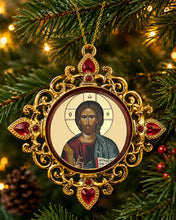 Load image into Gallery viewer, Christ The Teacher Gold Foiled Byzantine Christmas Icon Ornament Room Decoration - Framed In Jeweled Frame, Decorated With Faux Crystals, 4 Inch
