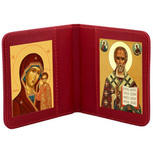 Load image into Gallery viewer, Virgin of Kazan & Saint Nicholas Gold Foil Icon - Travel Prayer Book - Traveling Faith: Virgin Mary Icon with Prayer in Leatherette Wallet Case