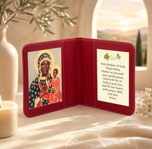 Load image into Gallery viewer, Our Lady of Czestochowa Black Madonna and Child Jesus Icon Print in Travel Prayer Book - Traveling Faith: with Prayer in Leatherette Wallet Case 3 7/8"