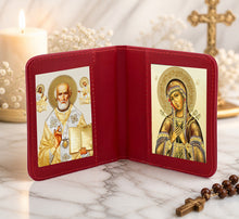 Load image into Gallery viewer, Traveling Icon Diptych - Book Saint Nicholas & Seven Swords Virgin Mary - Traveling Faith - Leatherette Case 3 7/8" Gold Foiled Icons