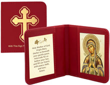 Load image into Gallery viewer, Travel Prayer Book - Traveling Faith: Seven Swords Virgin Mary Icon with Prayer in Leatherette Wallet Case - Gold Foil Icon 3 7/8"