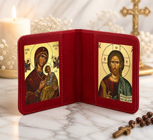 Load image into Gallery viewer, Traveling Icon Diptych - Book- Virgin Mary - Formidable Protection - Our Lady of Perpetual Help & Christ The Teacher - Traveling Faith - Greek Byzantine Icons Gold Foiled - Leatherette Case