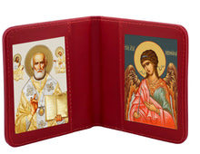 Load image into Gallery viewer, Traveling Icon Diptych - Book Saint Nicholas & Guardian Angel - Traveling Faith - Leatherette Case 3 7/8" Gold Foiled Icons