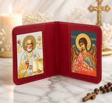 Load image into Gallery viewer, Traveling Icon Diptych - Book Saint Nicholas & Guardian Angel - Traveling Faith - Leatherette Case 3 7/8" Gold Foiled Icons