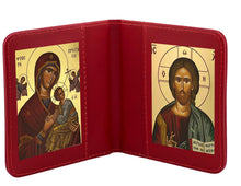 Load image into Gallery viewer, Traveling Icon Diptych - Book- Virgin Mary - Formidable Protection - Our Lady of Perpetual Help & Christ The Teacher - Traveling Faith - Greek Byzantine Icons Gold Foiled - Leatherette Case