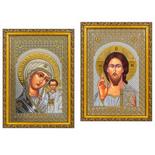 Load image into Gallery viewer, Set of 2 - Matching Icon Pair Virgin of Kazan & Christ The Teacher - Gold & Silver Foiled Icon Covered With Glass - Gold Embossed Icon Gold and Silver Foiled - Wall Hanging - High Quality - 13"x9 1/4"