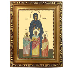 Load image into Gallery viewer, Saints Sophia and Daughters Icon - FAITH, HOPE AND LOVE - Byzantine Style Full Body Wall Hanging with Stand
