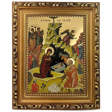 Load image into Gallery viewer, Nativity of Christ Gilded - 9 3/4"x7 1/2" Byzantine Greek Icon - Wooden Frame With Stand For Standing and Hook For Hanging on Wall