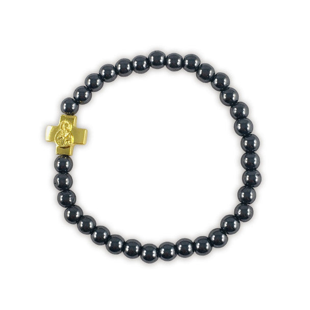 Prayer Bracelet with Black Hematite Beads, Gold-tone Cross
