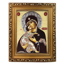 Load image into Gallery viewer, Virgin of Vladimir Gold Foil Icon - Wooden Frame - Wall Hanging With Stand 7 3/4 Inch tall
