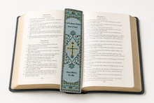 Load image into Gallery viewer, Jesus Prayer Bookmarkers Gold With Grey &amp; Blue - Three Bar Cross Dove - Textile Art 9 1/8"x2"
