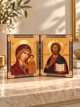 Load image into Gallery viewer, Icon Diptych - Christ The Teacher and Virgin of Kazan With Cross on the Front &amp; Back 8"
