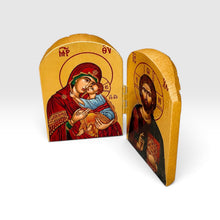 Load image into Gallery viewer, Orthodox Wooden Diptych With Theotokos and Christ 4" x 2.75"  Gold Leaf Icons
