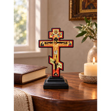 Load image into Gallery viewer, Small Standing Three Bar Orthodox Cross - Wooden Byzantine Crucifix Prayer on The Back Save Us in Slavonic  - Jesus Christ Crucifixion with Gold Foil 5"x2 3/4"
