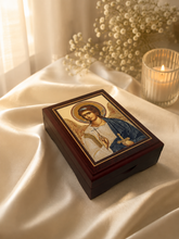 Load image into Gallery viewer, Guardian Angel Icon Box Wooden Rosary Prayer Beads Keepsake Box Religious Christian - Lined With Velvet - High Quality - Religious Gift Idea  5 1/16"
