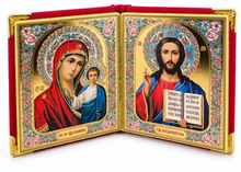 Load image into Gallery viewer, Christ the Teacher and Virgin of Kazan  - Display Icon Diptych in Leatherette Like Case For Wedding Travel Home Icon Corner Altar -  5 1/4 Inch Tall - Gold and Silver Foiled icons
