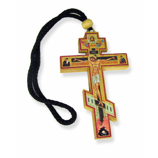 Three Bar Cross Small Wooden Icon Cross On Rope