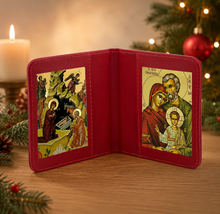 Load image into Gallery viewer, Nativity &amp; Holy Family Greek  Icon Diptych Byzantine Gold Foil Icons - Traveling Faith with Prayer in Leatherette Wallet Case
