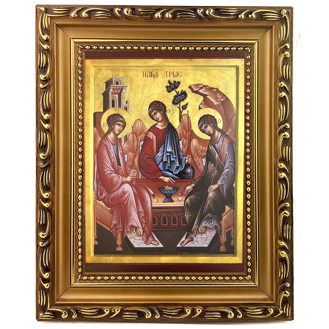 Holy Trinity Icon - In Wooden Gold Frame - Icon is Gold Foil