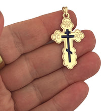 Load image into Gallery viewer, Three Bar Orthodox Gold Cross Pendant 14kt With Blue Enamel For Man  1 1/2"x7/8"
