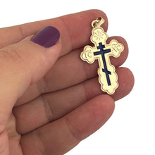 Load image into Gallery viewer, Three Bar Orthodox Gold Cross Pendant 14kt With Blue Enamel For Man  1 1/2"x7/8"
